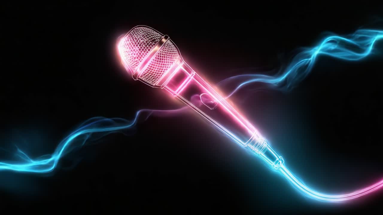 Un vibrante microfono al neon sospeso a mezz'aria, che emette strisce luminose mozzafiato blu e rosa su uno sfondo scuro.