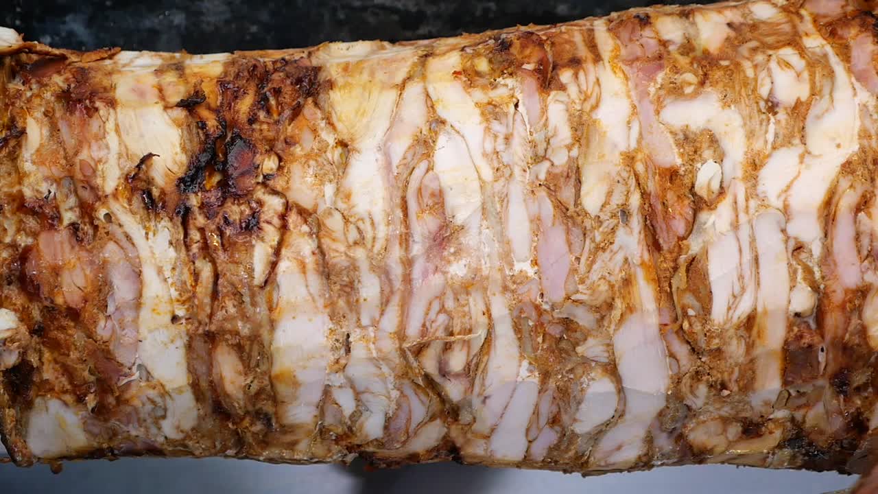 Shawarma meat on a rotating spit