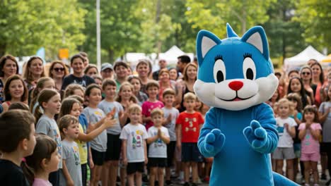 a colorful character brings joy to a crowd of children and families during a fun-filled outdoor event, highlighting the joy of community engagement and entertainment