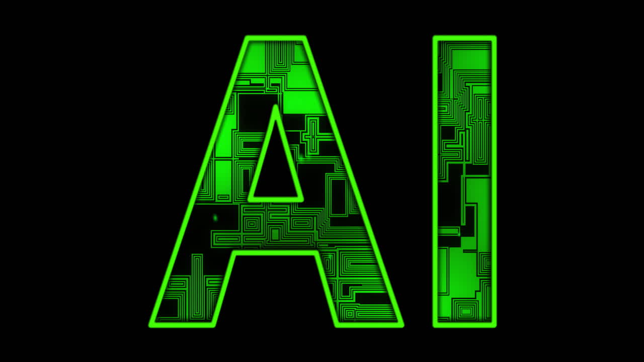 Animation of ai text and data processing over black background