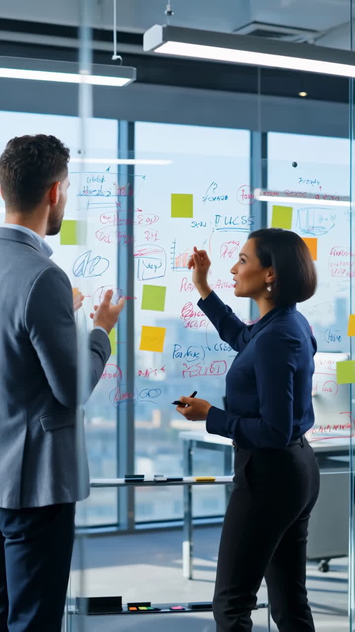 Business Professionals Collaborating on Ideas with a Glass Whiteboard in a Modern Office