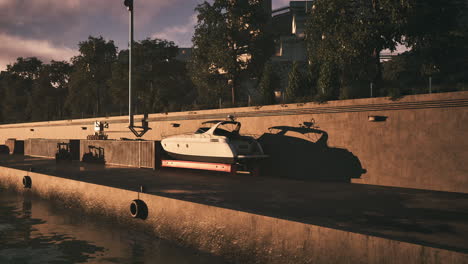 a white yacht docked at an industrial waterfront