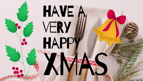 Animation-of-christmas-greetings-text-over-christmas-place-setting-and-decorations