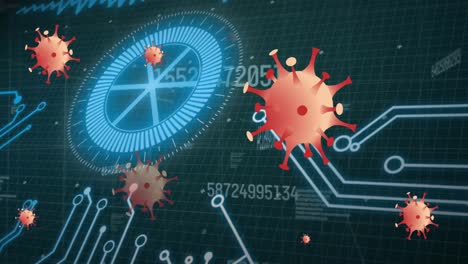 animación de células de covid 19 y alcance con placa de circuito de computadora, procesamiento de datos
