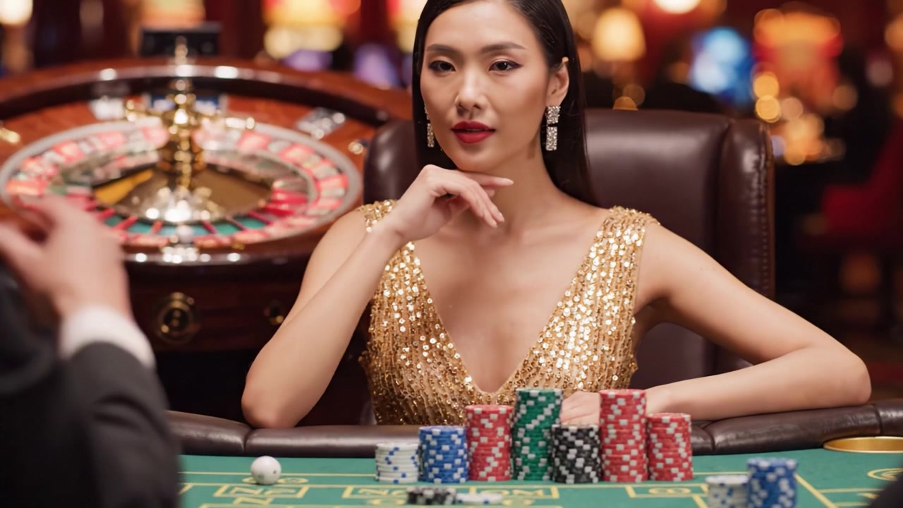 Una noche glamurosa en el casino: mujer sofisticada con vestido brillante gestionando estratégicamente sus fichas de póker y el juego de casino en un ambiente de apuestas animado.