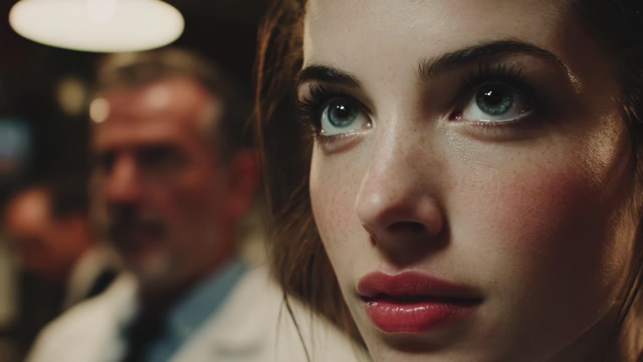 A Clinically Charged Atmosphere: Captivating Close-up of a Female Subject with Expressions of Curiosity and Focus in a Professional Environment