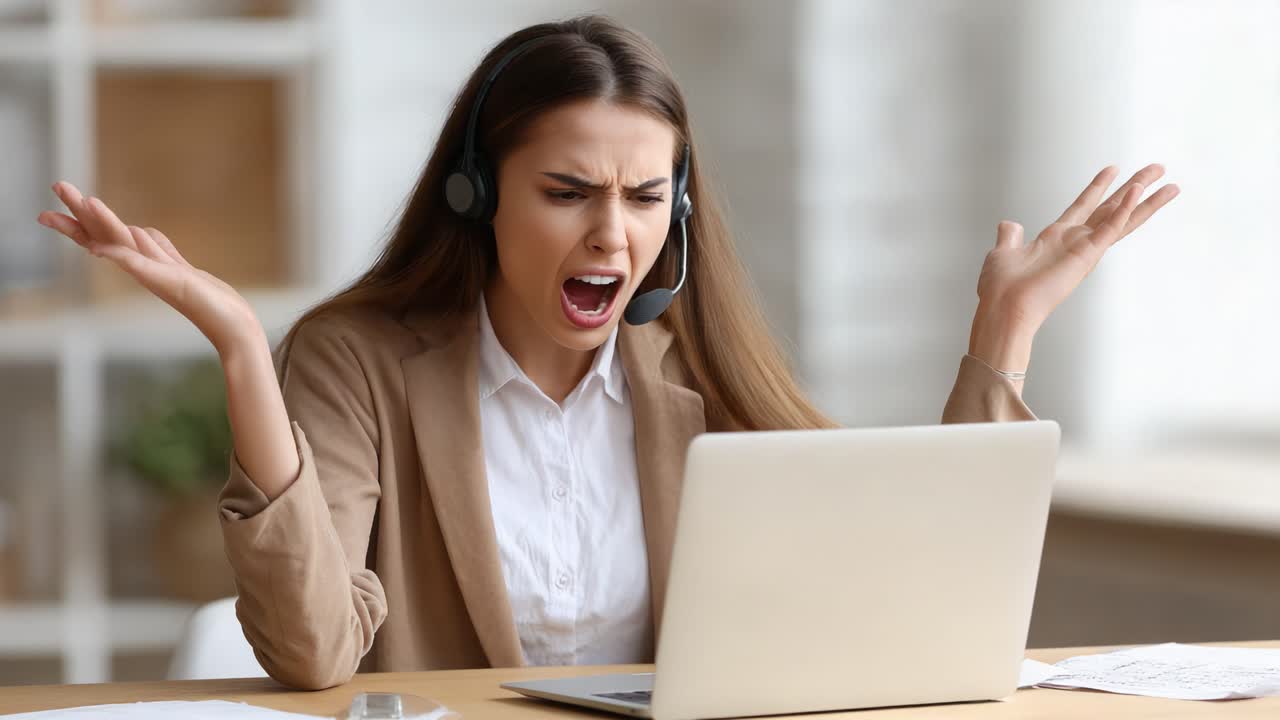 Frustrated Businesswoman Expressing Discontent While Using Laptop during a Virtual Meeting - Emotions of Stress and Displeasure in Remote Work Environment