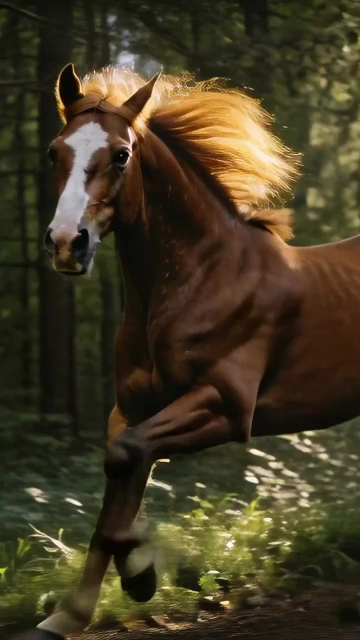 Video verticale: Cavallo sauro che corre con una stella bianca lungo un sentiero nel bosco, sollevando polvere verso il sole.