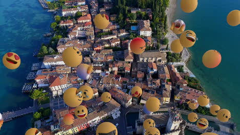 digital composition of multiple face emojis floating against aerial view of cityscape