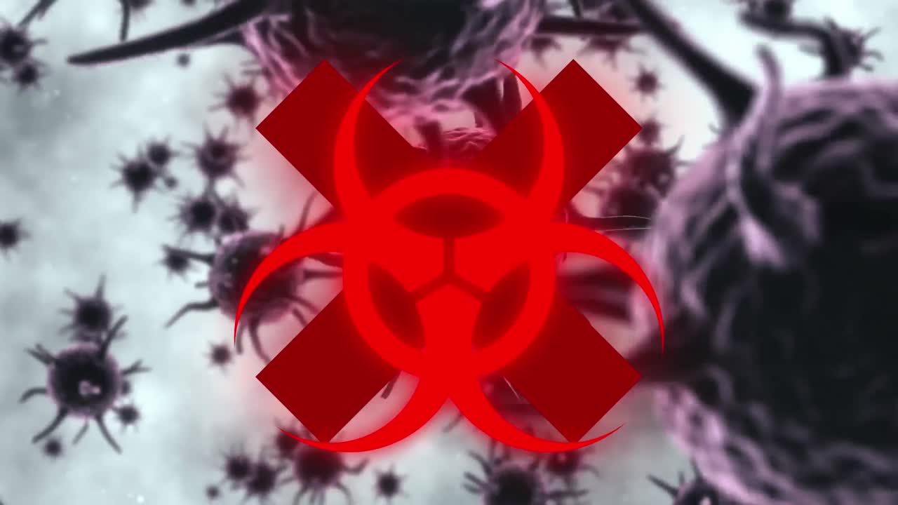 코로나19 세포의 이동에 대한 위험과 빨간 십자가 표지