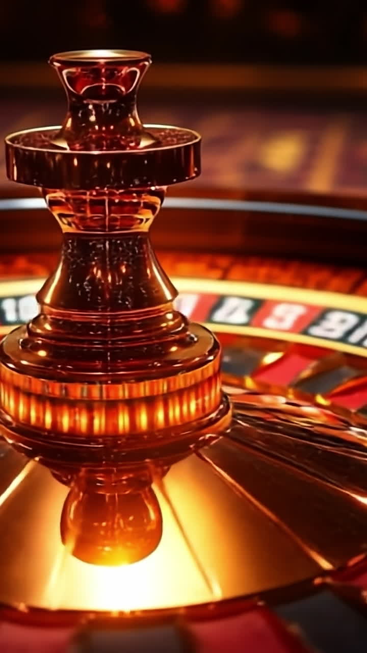 Colorful casino roulette wheel. A visually striking roulette wheel illuminated with warm colors attracts players at a bustling casino in the evening.