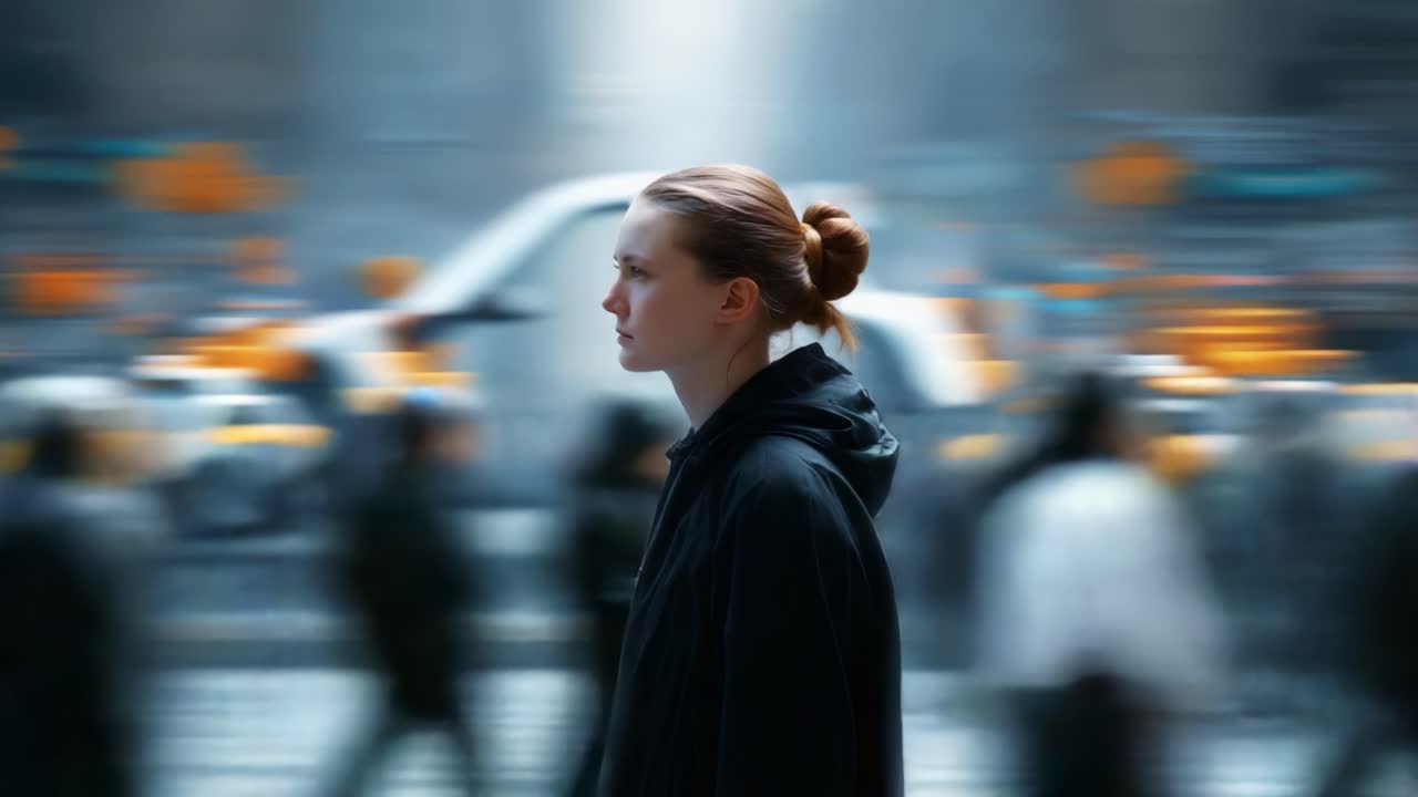 A contemplative individual stands amidst a bustling cityscape, reflecting on their thoughts while surrounded by a blur of movement and life in a vibrant urban environment