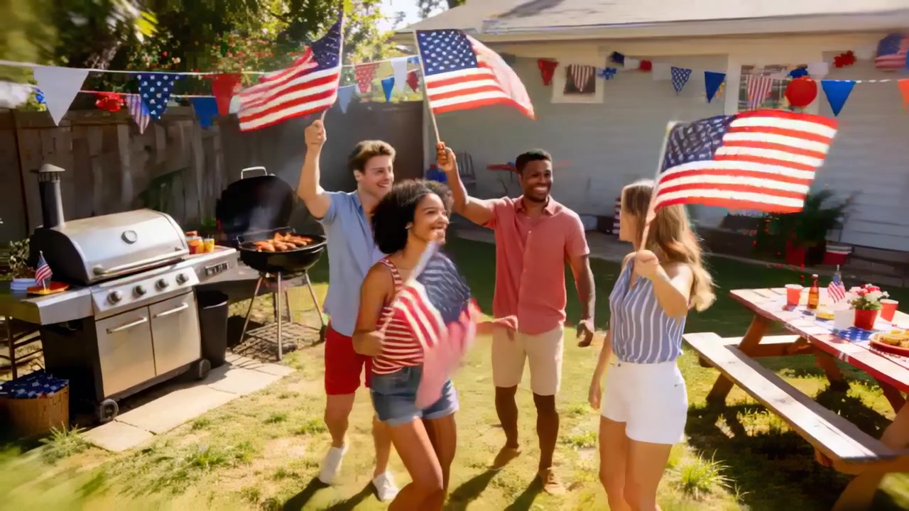 Waving four friends wearing summer clothes moving toward camera in backyard, holding American flags