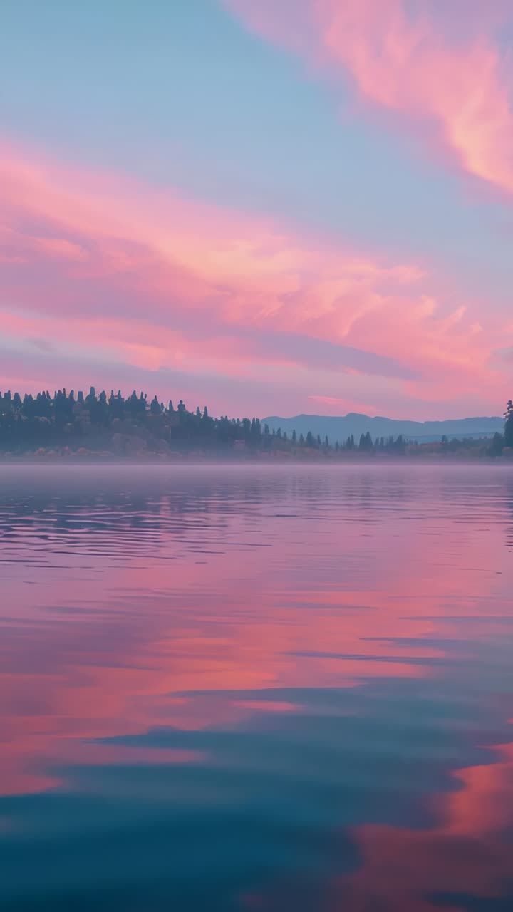 Vertical video: Shimmering lake reflecting pink sky and treeline at lakeside sunrise, mist drifting