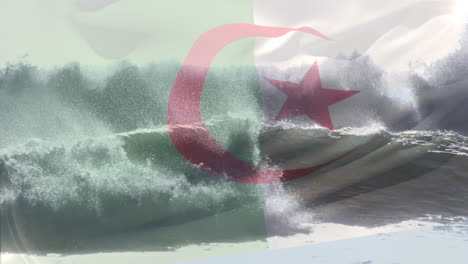animation of flag of algeria blowing over waves in sea