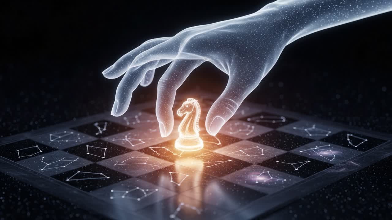 A Mystical Chess Match Unfolds: A Hand Grabs a Glowing Knight in a Cosmic Arena of Stars and Constellations, Blending Strategy with Celestial Wonders