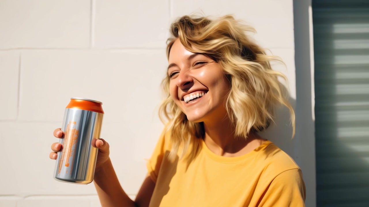 Happy Young Woman Laughing and Holding a Beverage Can Outdoors