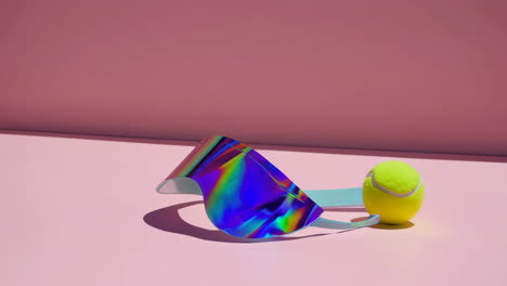 holographic visor and tennis ball on pink background