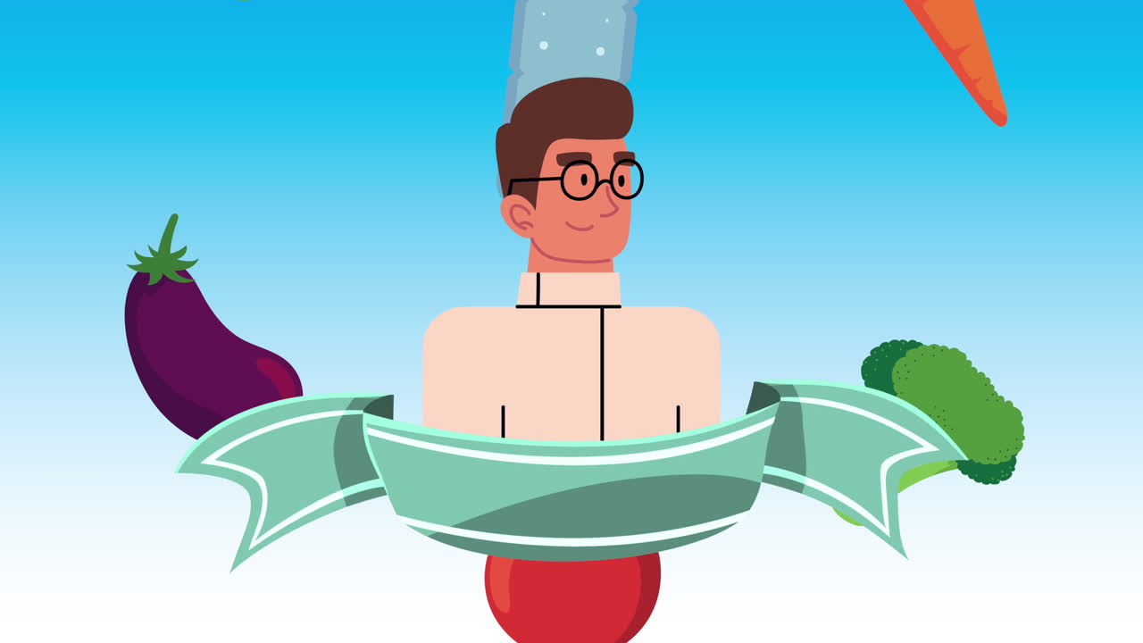 리본을 입은 남자와 함께 건강한 식단 계획 애니메이션