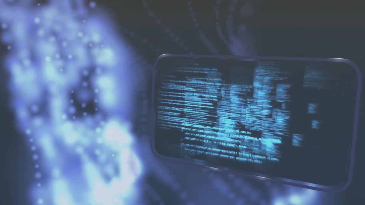 Animation of data processing over light trails on black background
