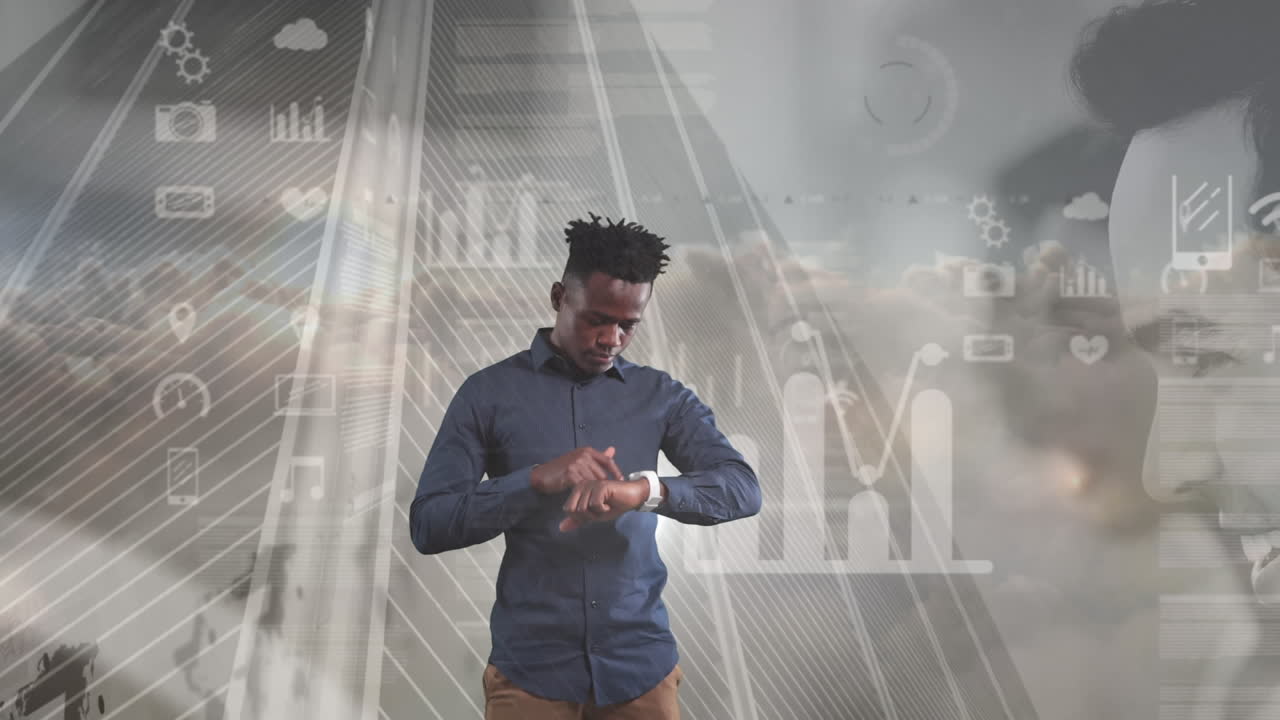 Animation of african american businessman using smartwatch over modern building