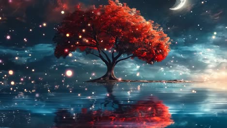 A lone tree in the middle of a body of water under a cloudy sky