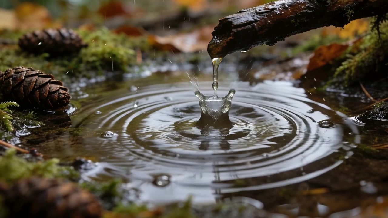 Forming slow drip at mossy twig tip, droplet falling into forest puddle, creating ripples from rain