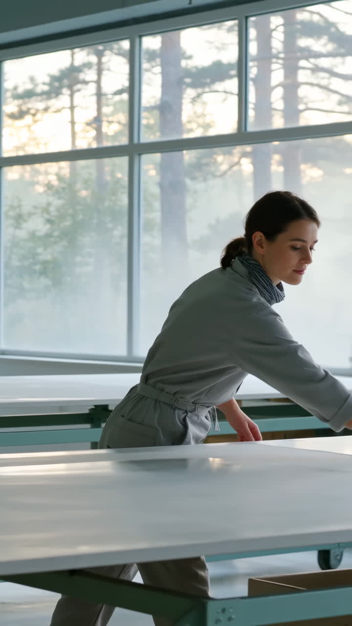 A woman cleaning tables in a factory
