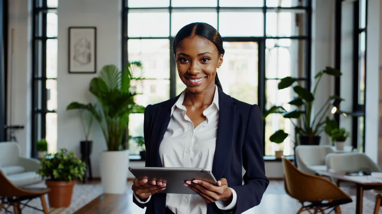 Professionista donna d'affari afroamericana che usa un tablet in un ufficio moderno