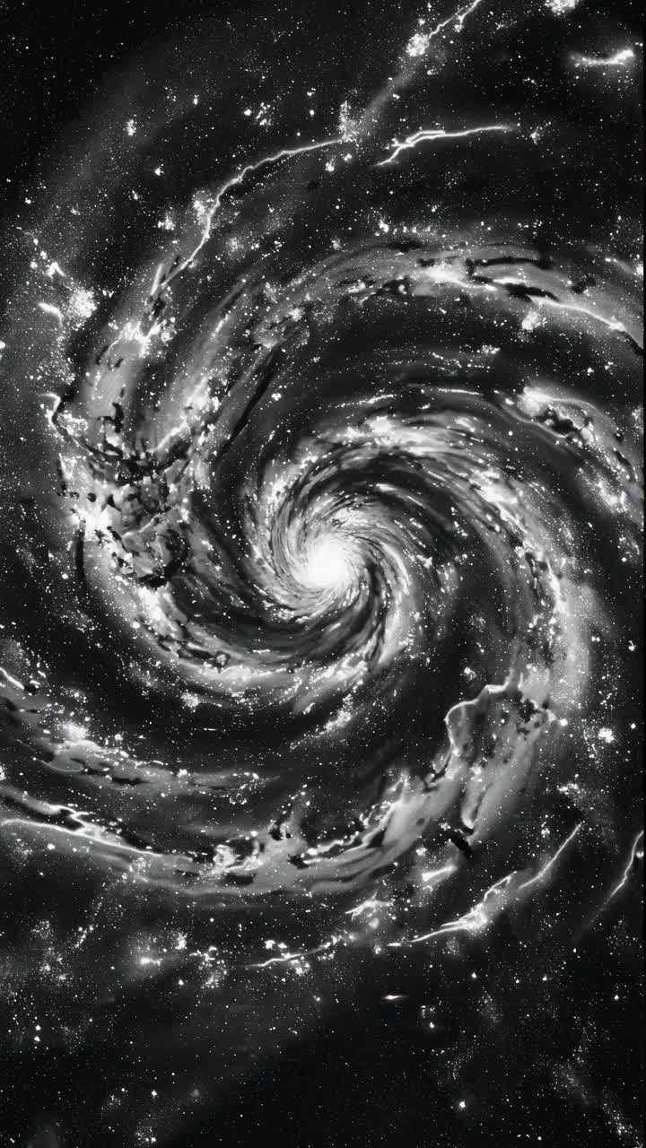 A mesmerizing spiral galaxy in monochrome, captured from a top-down angle, resembling a cosmic