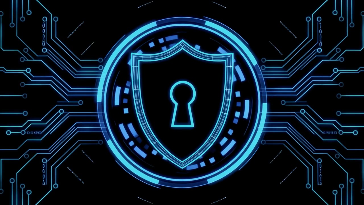 Animated Cybersecurity Shield with Glowing Circuit Board Background