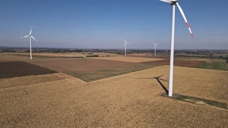 an aerial footage of wind turbines spread across an agricultural landscape. the turbines rise above vast fields of crops, illustrating the integration of renewable energy with rural farmland.