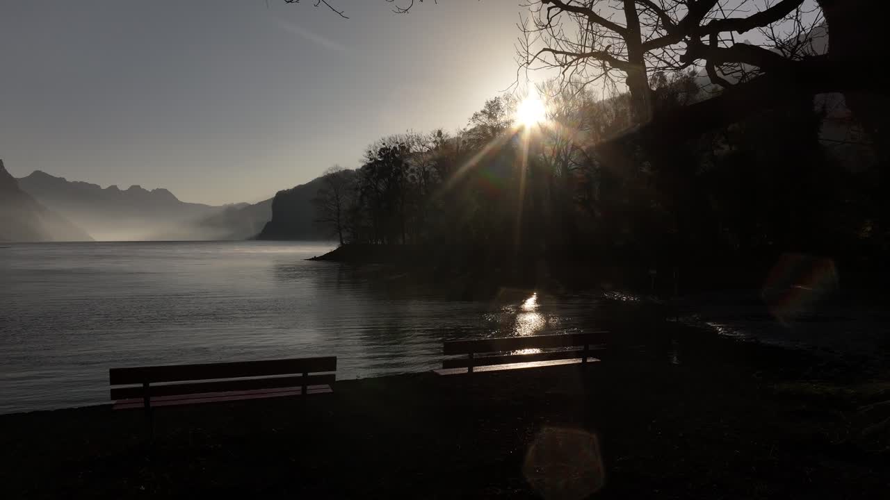 sunlight filtering through trees by Walensee lake with mountain silhouettes in Switzerland