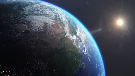 sunrise over planet earth, cinematic view of part of the globe taken from space with the camera zoomed out