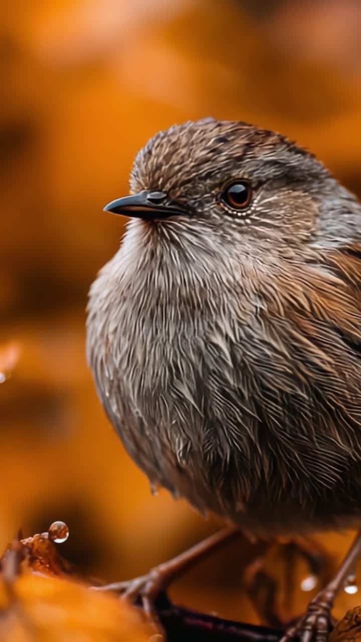 Primo piano di un bellissimo uccello su uno sfondo autunnale dai colori caldi, che rivela i dettagli e le trame delicate del suo piumaggio e dell'ambiente circostante.