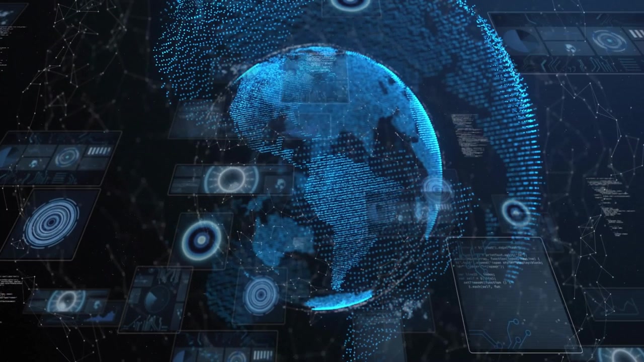 Animation of digital globe surrounded by data and technology interface elements