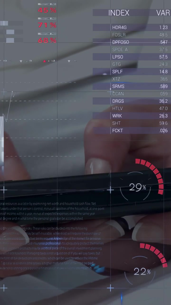 Vertical video: Female hands tapping black phone, animating finance charts, checking market trends