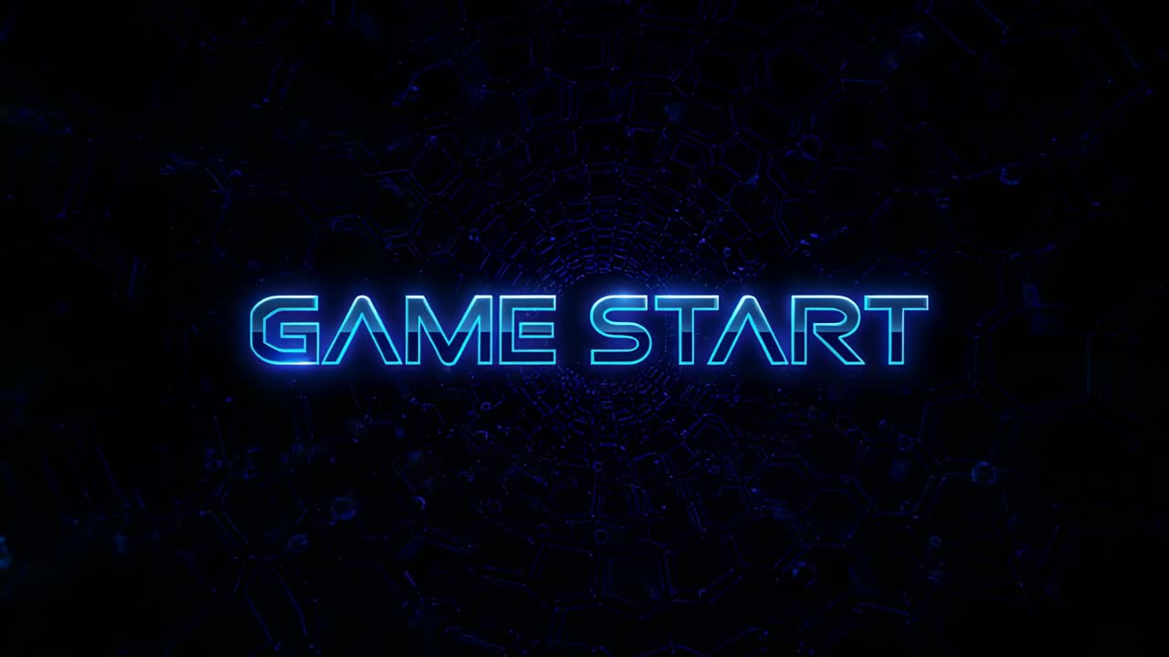 Fading in and pulsing blue neon GAME START text in digital hex grid tunnel, signaling play
