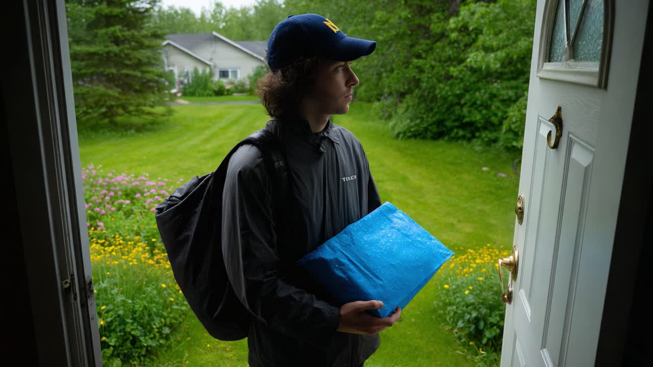 A Young Courier Standing at the Doorway with a Package, Ready to Deliver in a Lush Green Environment Captured in Two Scenes of Anticipation and Service