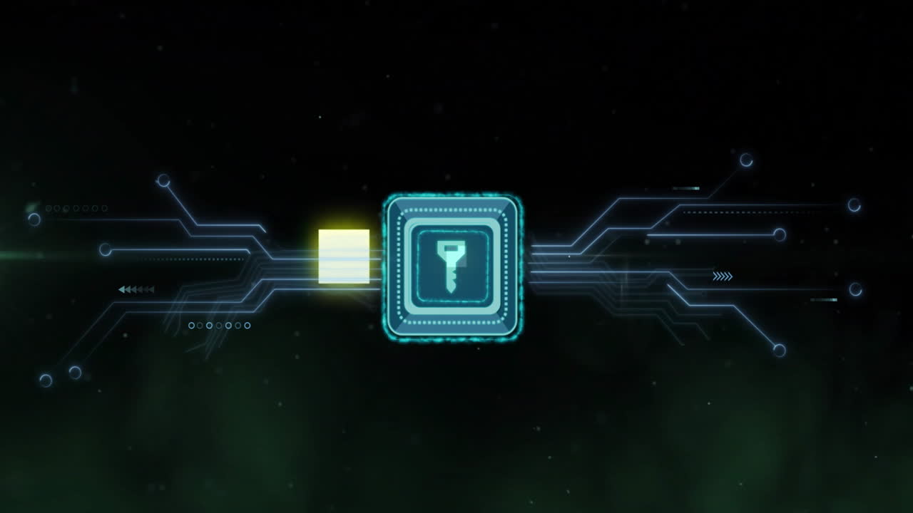 Digital key and circuit lines, data security animation over dark background
