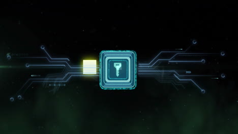 Digital key and circuit lines, data security animation over dark background