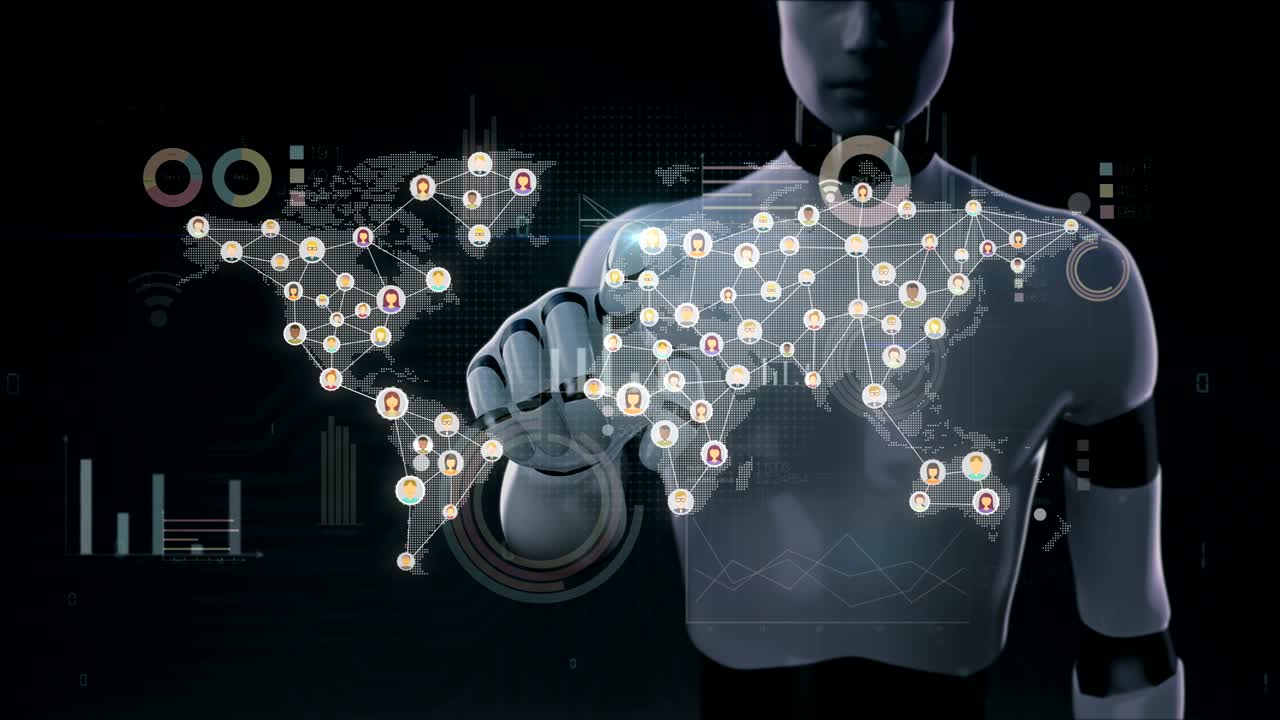 Robot, cyborg touching connected world people, using communication technology 4K size. with economic diagram,chart. social media.2.