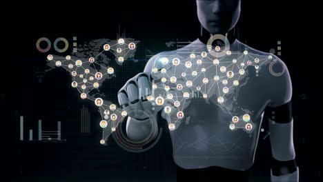 robot, cyborg touching connected world people, using communication technology 4k size. with economic diagram,chart. social media.2.