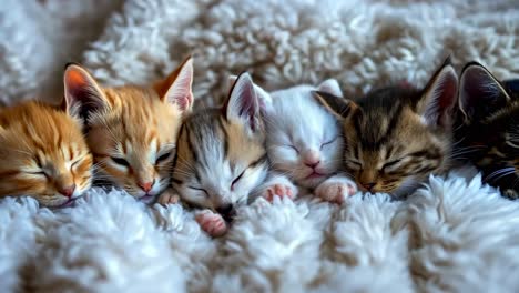 a group of small kittens sleeping on top of a white blanket