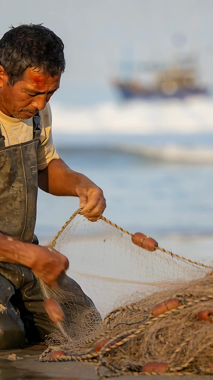 Video vertical: Hombre con botas de agua en la orilla tirando de la red después de la pesca, arreglando la red y las boyas, con espacio para texto.