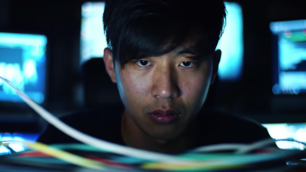 A focused individual analyzing complex data amidst a backdrop of digital screens and colorful cables, immersed in a high-tech environment of information processing