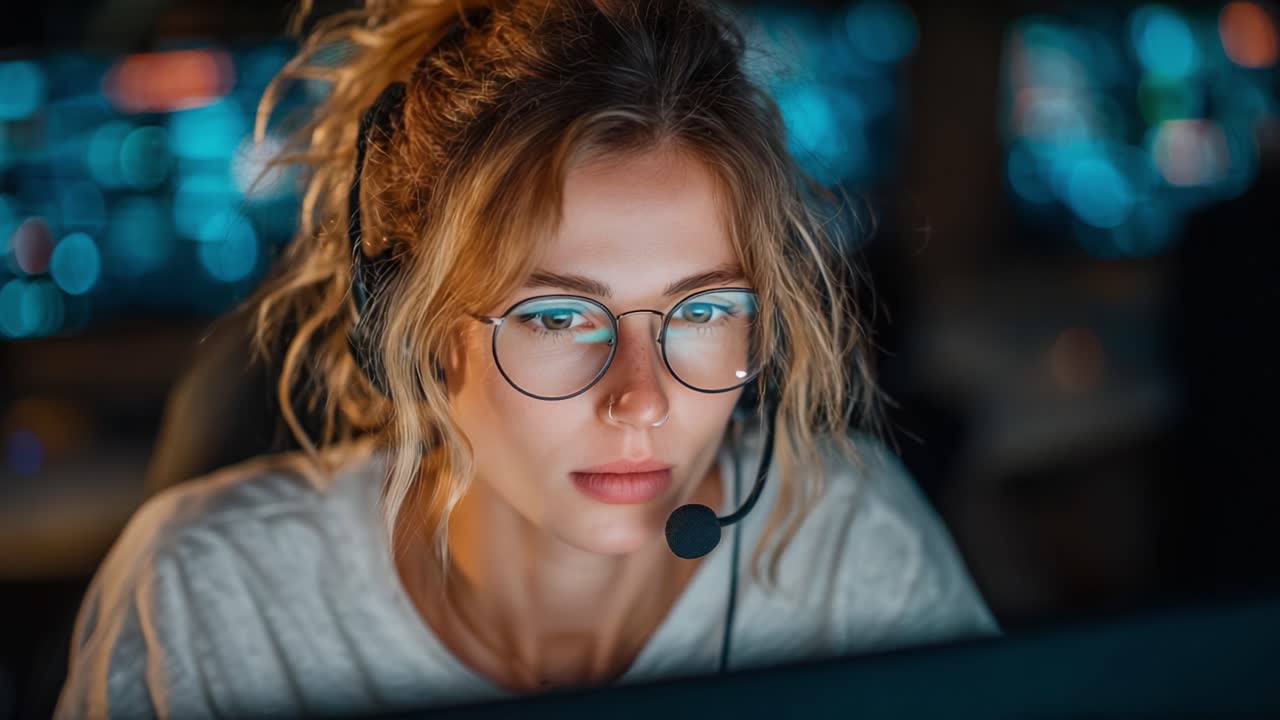 Fokusert og engasjert: En ung kvinne med hodetelefoner konsentrerer seg om en dataskjerm, omgitt av digitale skjermer som belyser hennes bestemte uttrykk.