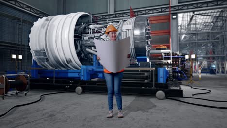 full body of asian female engineer with safety helmet looking at blueprint in her hands and looking around while standing with airplane engine maintenance conducted