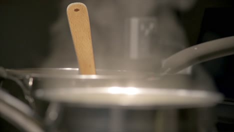 close up of a wooden utensil on a simmering pan on a cooktop with steam rising