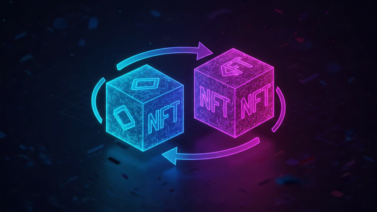 Dynamic Interaction of NFTs: Visual Representation of Blockchain Tokens Exchanging in a Vibrant Digital Universe with Neon Colors and Geometric Patterns